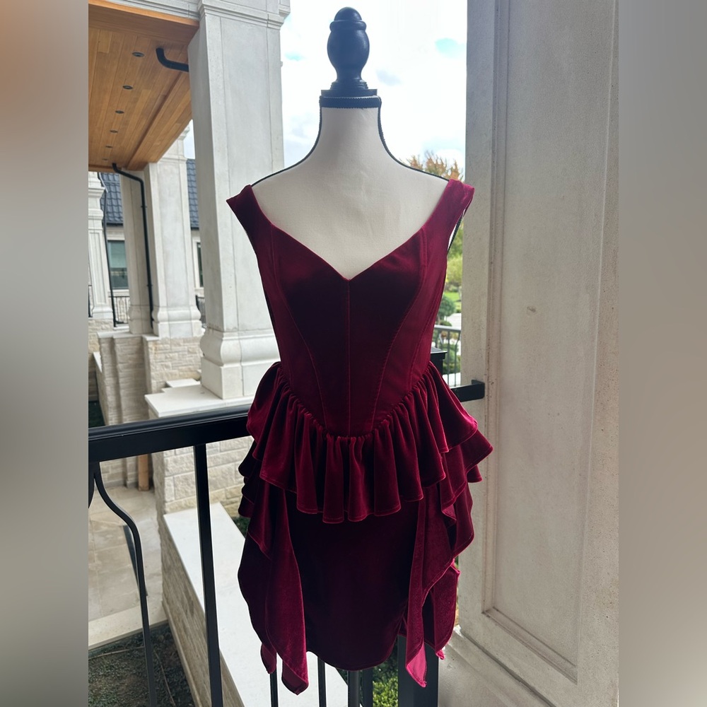 ASOS Red Velvet V Neck Peplum Ruffle Mini Dress (Size 4) - Picture 2 of 11